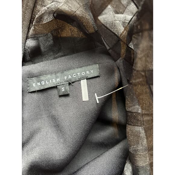 English Factory Puffy Sleeve Black Dress window pane semi sheer lined tired sz S - Picture 16 of 16